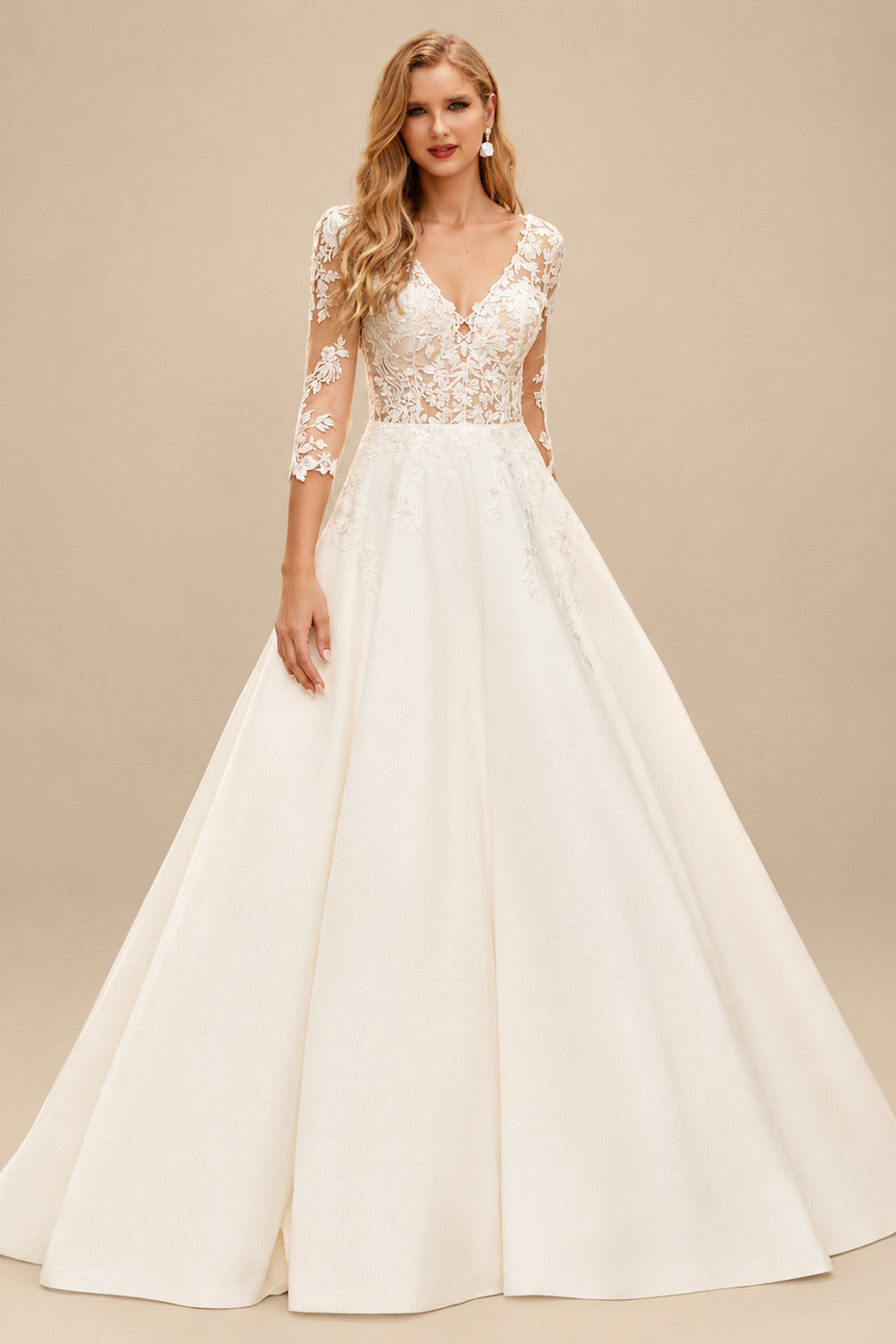 Rutipo Ivory A-Line V-Neck 3/4 Sleeves Court Train Lace/Satin Wedding Dresses