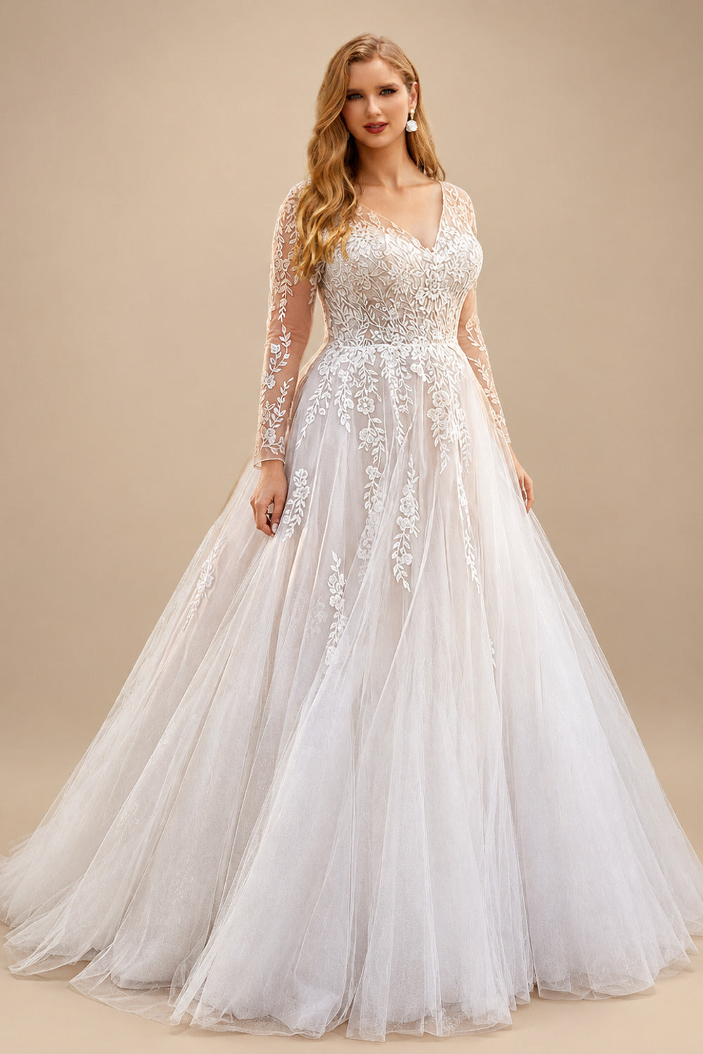Rutipo As Picture A-Line V-Neck Long Sleeves Court Train Lace/Tulle Wedding Dresses