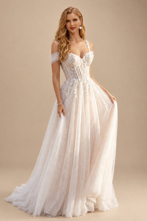 Rutipo As Picture A-Line Off-The-Shoulder Tulle Wedding Dresses With Appliques Lace