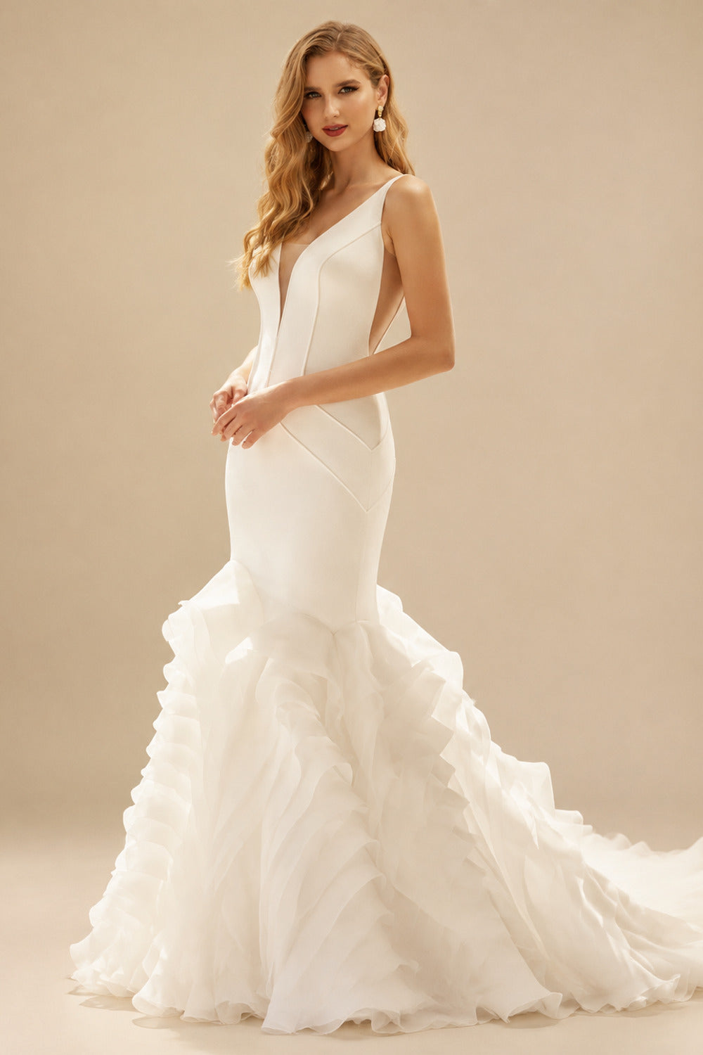 Rutipo Ivory Trumpet/Mermaid V-Neck Sleeveless Tulle/Elastic Satin Wedding Dresses