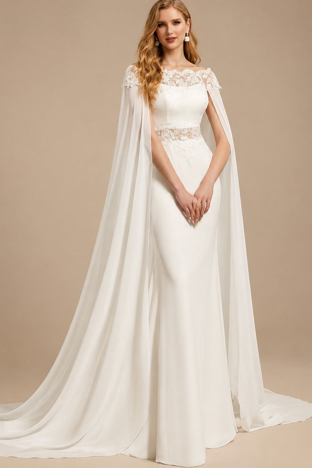 Rutipo Ivory Sheath/Column Chiffon/Lace Wedding Dresses With Appliques Lace