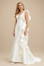 Rutipo Ivory Trumpet/Mermaid Satin Wedding Dresses With Cascading Ruffles