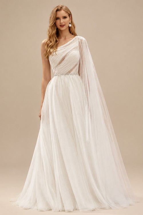 Rutipo Ivory A-Line One-Shoulder Long Sleeves Tulle Wedding Dresses With Sequins