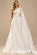 Rutipo Ivory A-Line One-Shoulder Long Sleeves Tulle Wedding Dresses With Sequins