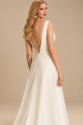 Rutipo Ivory A-Line V-Neck Sleeveless Sweep Train Tulle/Sequined Wedding Dresses