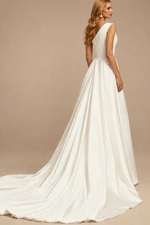 Rutipo Ivory A-Line One-Shoulder Sleeveless Detachable Matte Satin Wedding Dresses