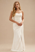 Rutipo Ivory Sheath/Column Sweetheart Satin/Tulle Wedding Dresses With Beading