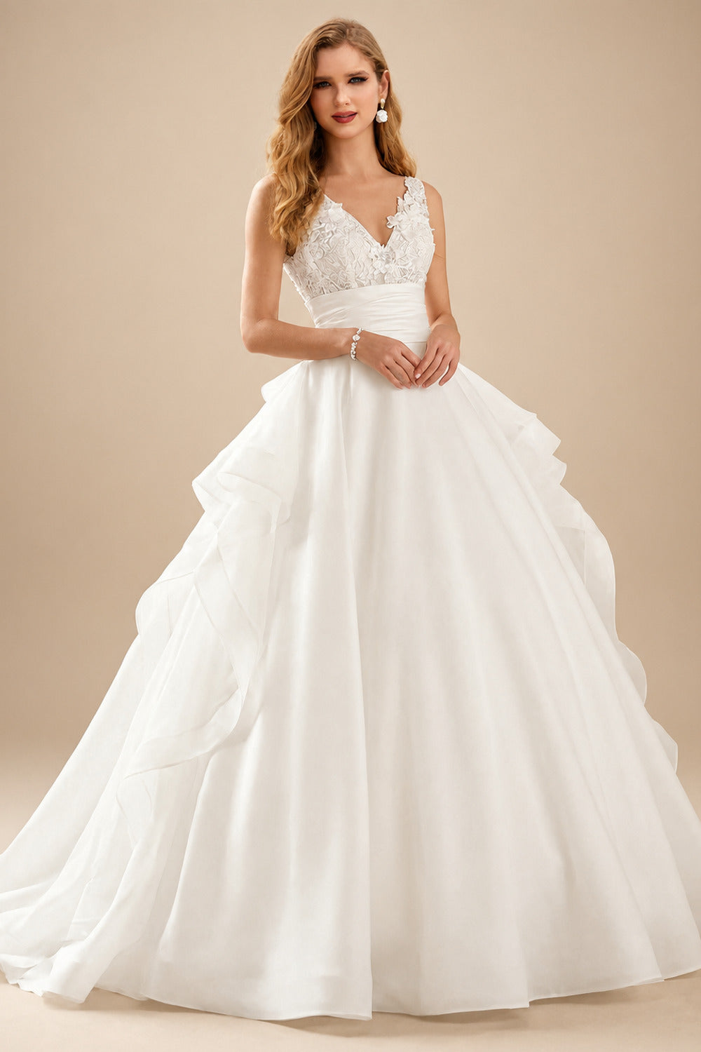 Rutipo Ivory Ball-Gown V-Neck Sleeveless Court Train Tulle Wedding Dresses With Ruffle/Bow(s)/Lace