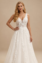 Rutipo Ivory Ball-Gown V-Neck Sleeveless Tulle Plus Size Wedding Dresses With Appliques Lace/Back Hole