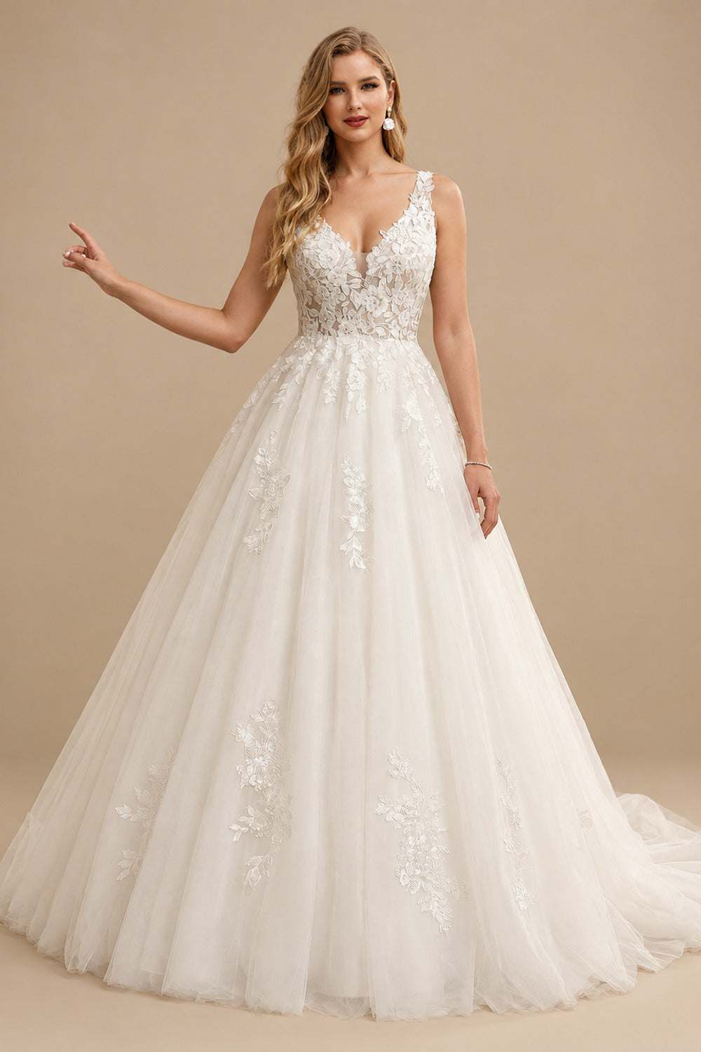 Rutipo Ivory Ball-Gown V-Neck Sleeveless Tulle Plus Size Wedding Dresses With Appliques Lace/Back Hole