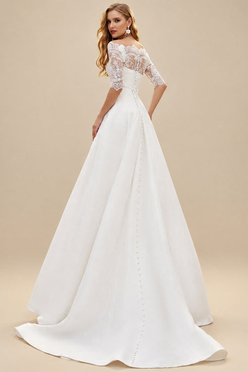 Rutipo Ivory A-Line Off-The-Shoulder 1/2 Sleeves Satin Wedding Dresses With Lace