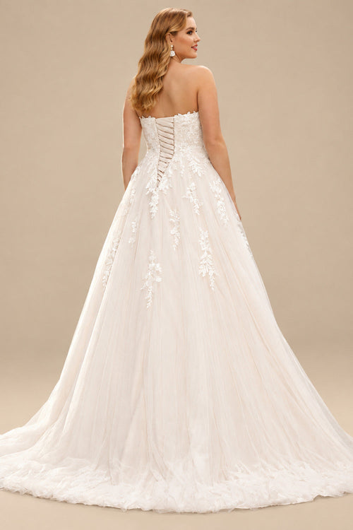 Rutipo Ivory A-Line Off-The-Shoulder Sleeveless Sweep Train Lace/Tulle Plus Size Wedding Dresses