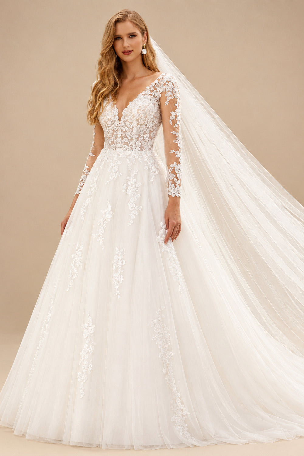 Rutipo Ivory Ball-Gown V-Neck Long Sleeves Sweep Train Lace/Tulle Wedding Dresses