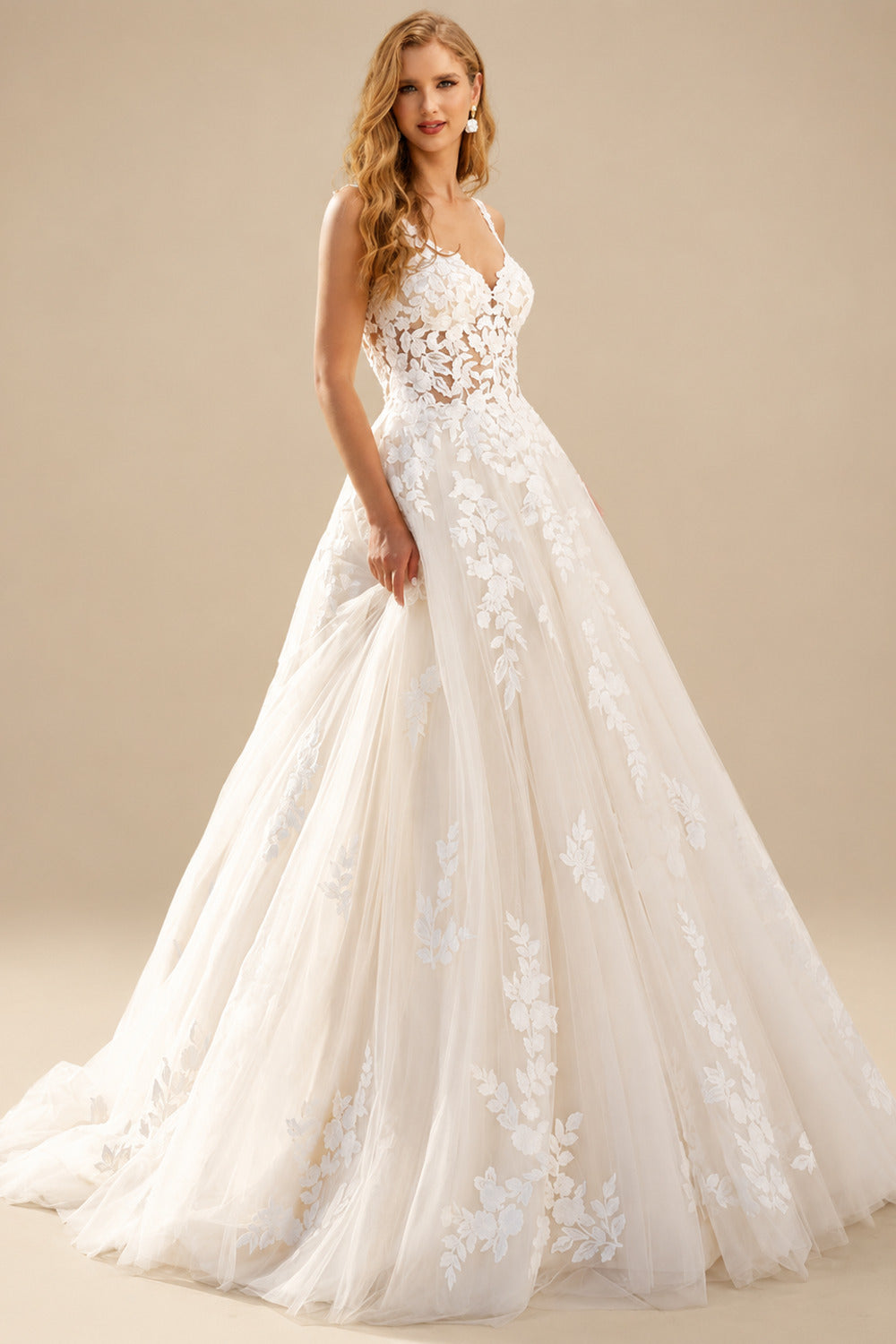 Rutipo Ivory Ball-Gown V-Neck Sleeveless Sweep Train Lace/Tulle Wedding Dresses