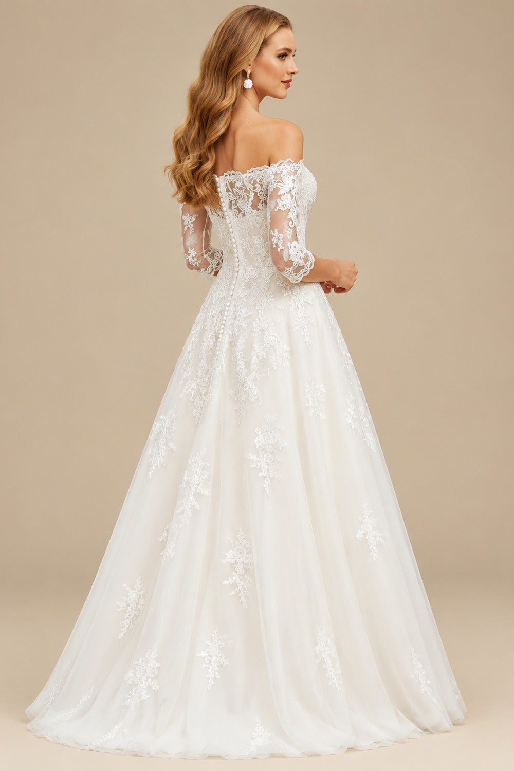 Rutipo Ivory A-Line Off-The-Shoulder 1/2 Sleeves Tea-Length Lace Wedding Dresses