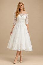 Rutipo Ivory A-Line Off-The-Shoulder 1/2 Sleeves Tea-Length Lace Wedding Dresses