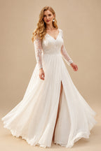 Rutipo Ivory Plus Size A-Line V-Neck Court Train Chiffon Wedding Dresses With Lace/High Split