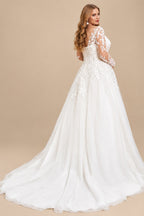 Rutipo Ivory Plus Size A-Line V-Neck Long Sleeves Court Train Tulle Wedding Dresses With Lace