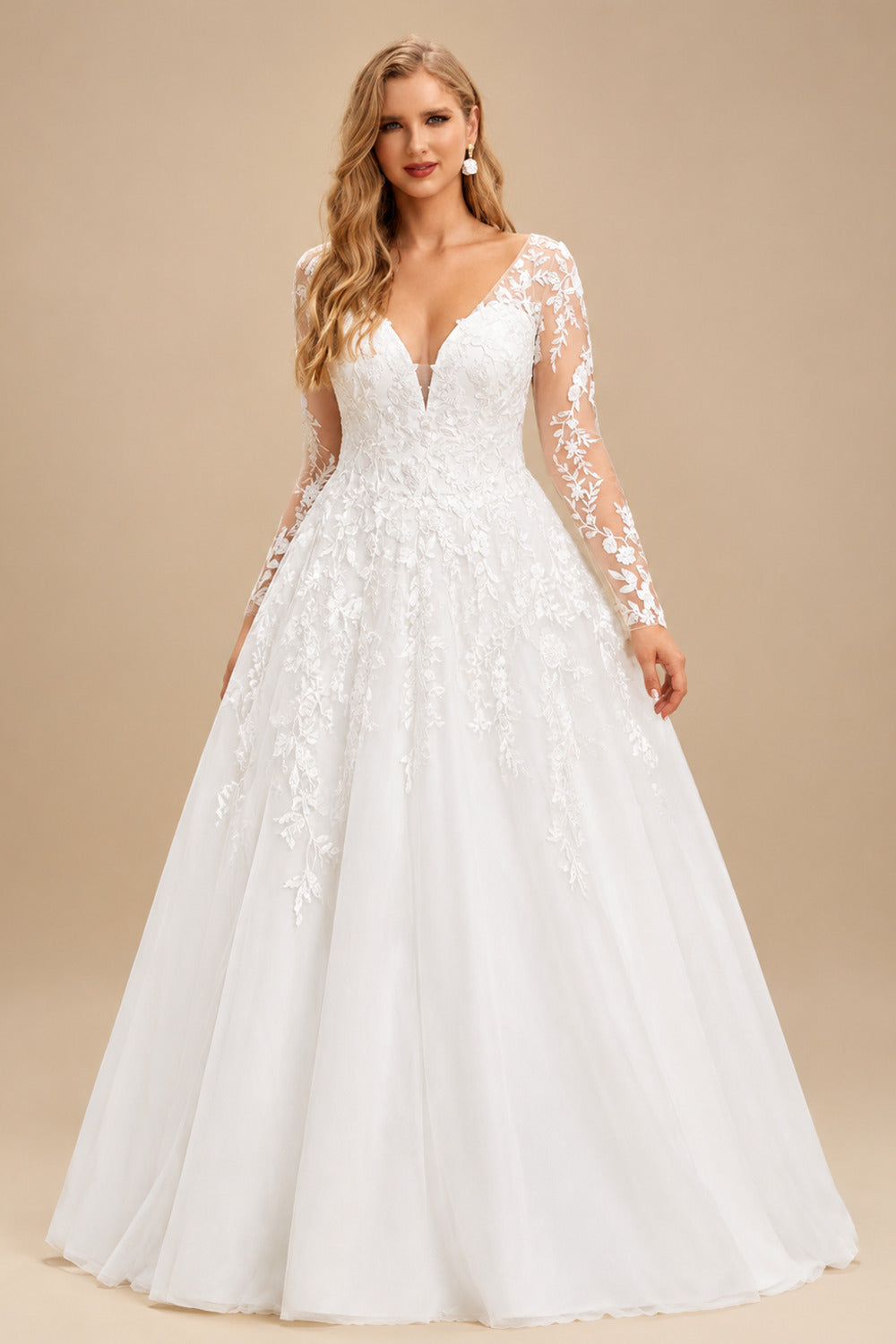 Rutipo Ivory Plus Size A-Line V-Neck Long Sleeves Court Train Tulle Wedding Dresses With Lace