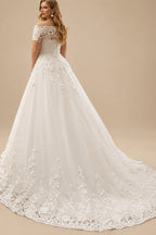 Rutipo Ivory Plus Size A-Line Off-The-Shoulder Court Train Tulle Wedding Dresses With Lace