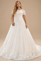 Rutipo Ivory Plus Size A-Line Off-The-Shoulder Court Train Tulle Wedding Dresses With Lace