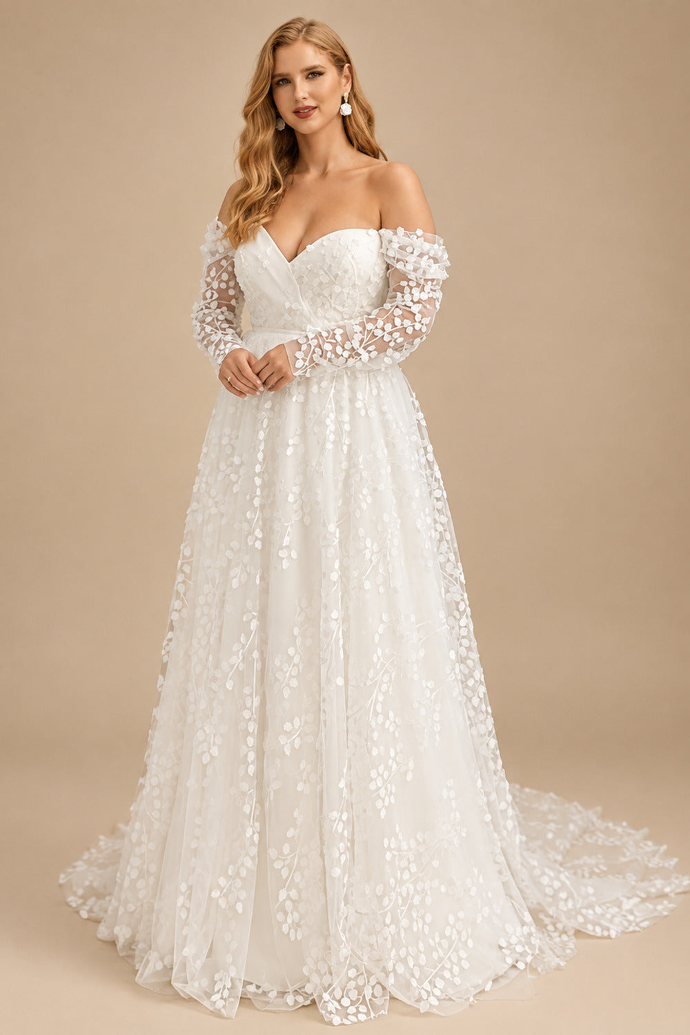 Rutipo Ivory Plus Size A-Line Off-The-Shoulder Court Train Tulle Wedding Dresses With Lace