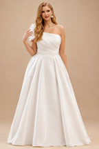 Rutipo Ivory Plus Size Ball-Gown One-Shoulder Court Train Satin Wedding Dresses With Flower(s)