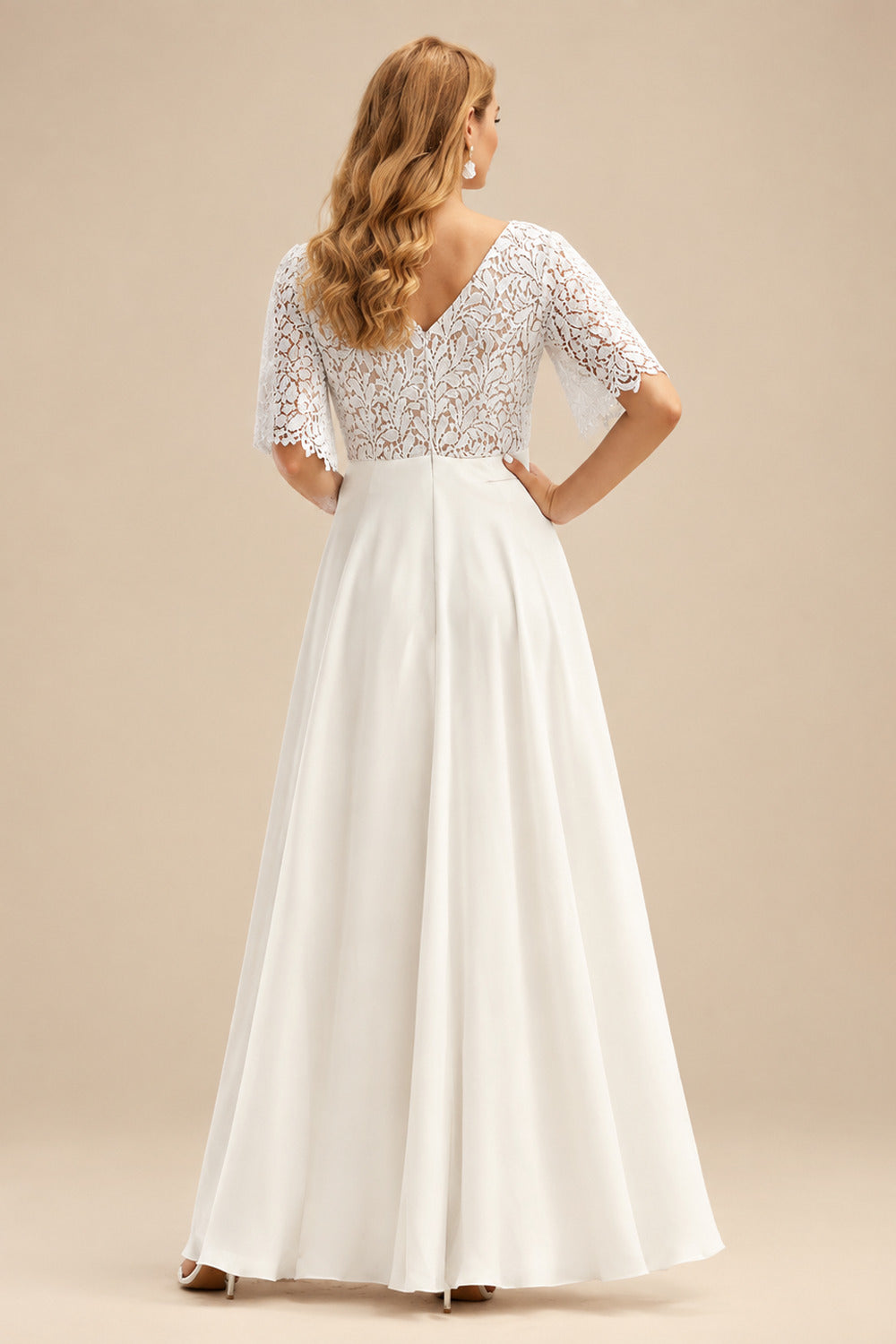 Rutipo Ivory A-Line V-Neck Lace(Non-Stretch)/Chiffon(Non-Stretch) Plus Size Wedding Dress