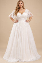 Rutipo As Picture Plus Size A-Line V-Neck 1/2 Sleeves Tulle Wedding Dresses With Appliques Lace