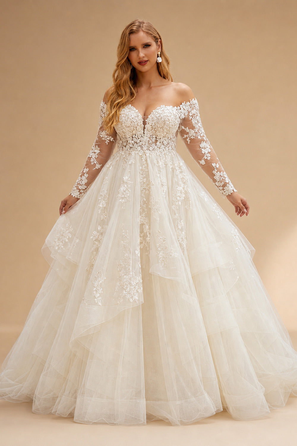 Rutipo Ivory Plus Size A-Line V-Neck Long Sleeves Tulle Wedding Dresses With Ruffle/Lace