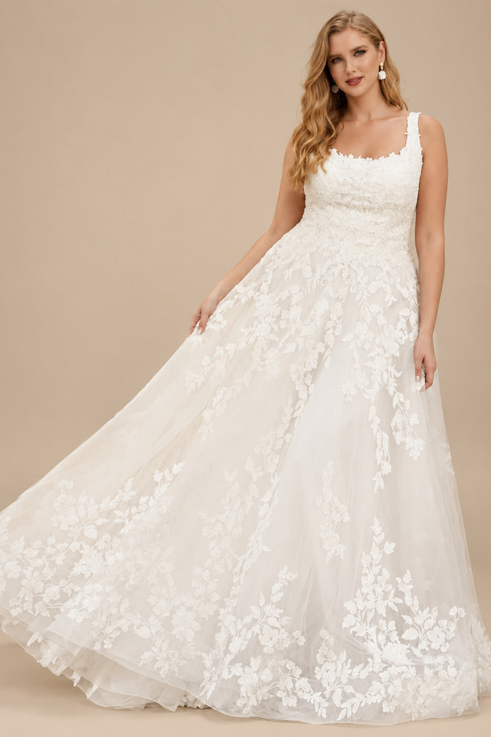 Rutipo Ivory Plus Size A-Line Cowl Neck Sleeveless Sweep Train Lace Wedding Dresses
