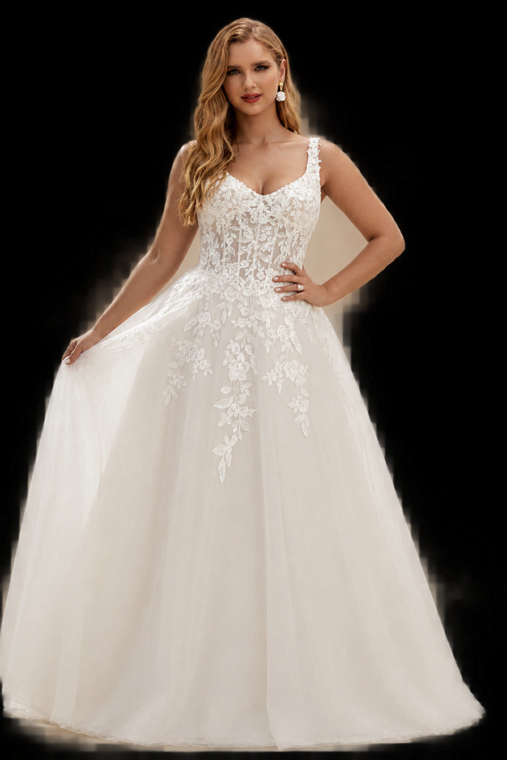 Rutipo Ivory Plus Size A-Line Cowl Neck Sleeveless Court Train Tulle Wedding Dresses With Lace