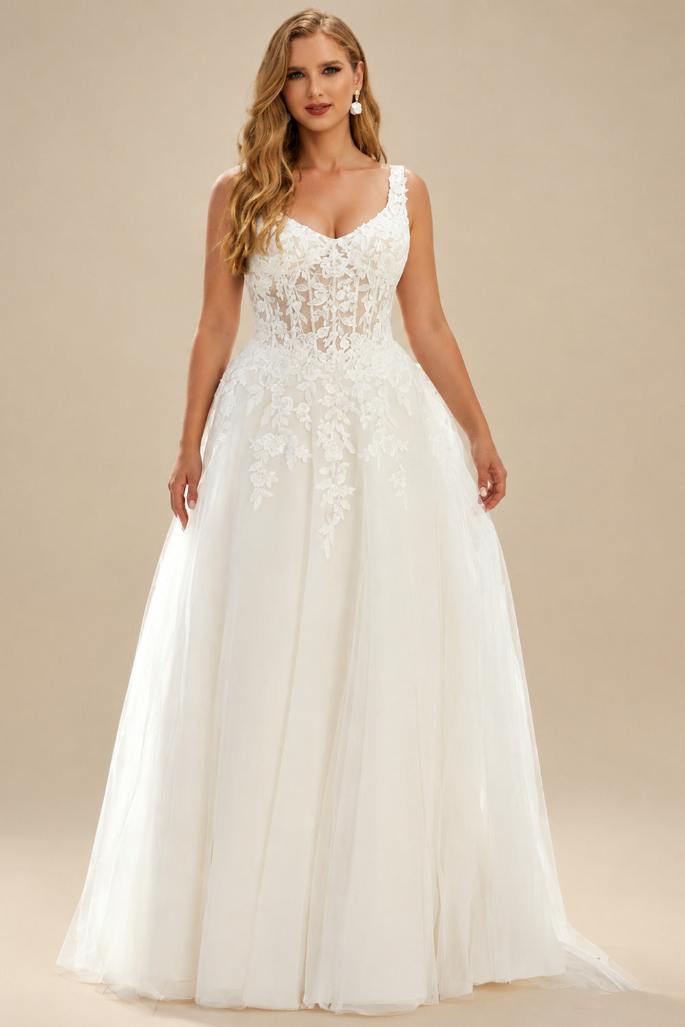 Rutipo Ivory Plus Size A-Line Cowl Neck Sleeveless Court Train Tulle Wedding Dresses With Lace