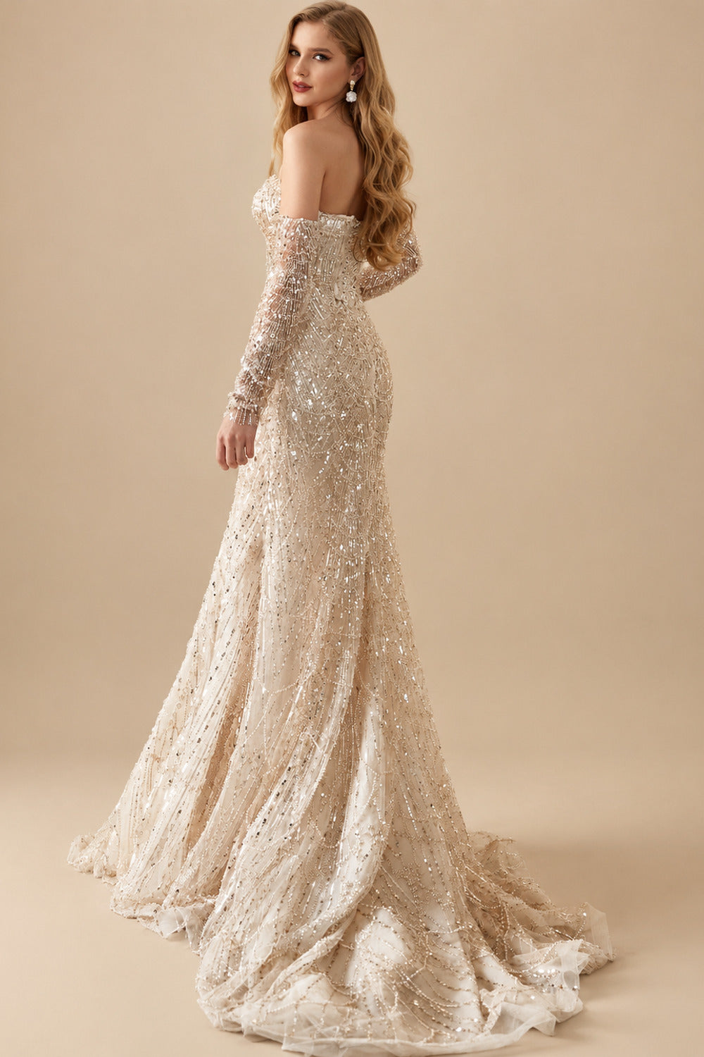 Rutipo As Picture Fitted Glitter Trumpet Beaded Sweetheart Detachable Sleeves Wedding Dresses With Lace Up Back