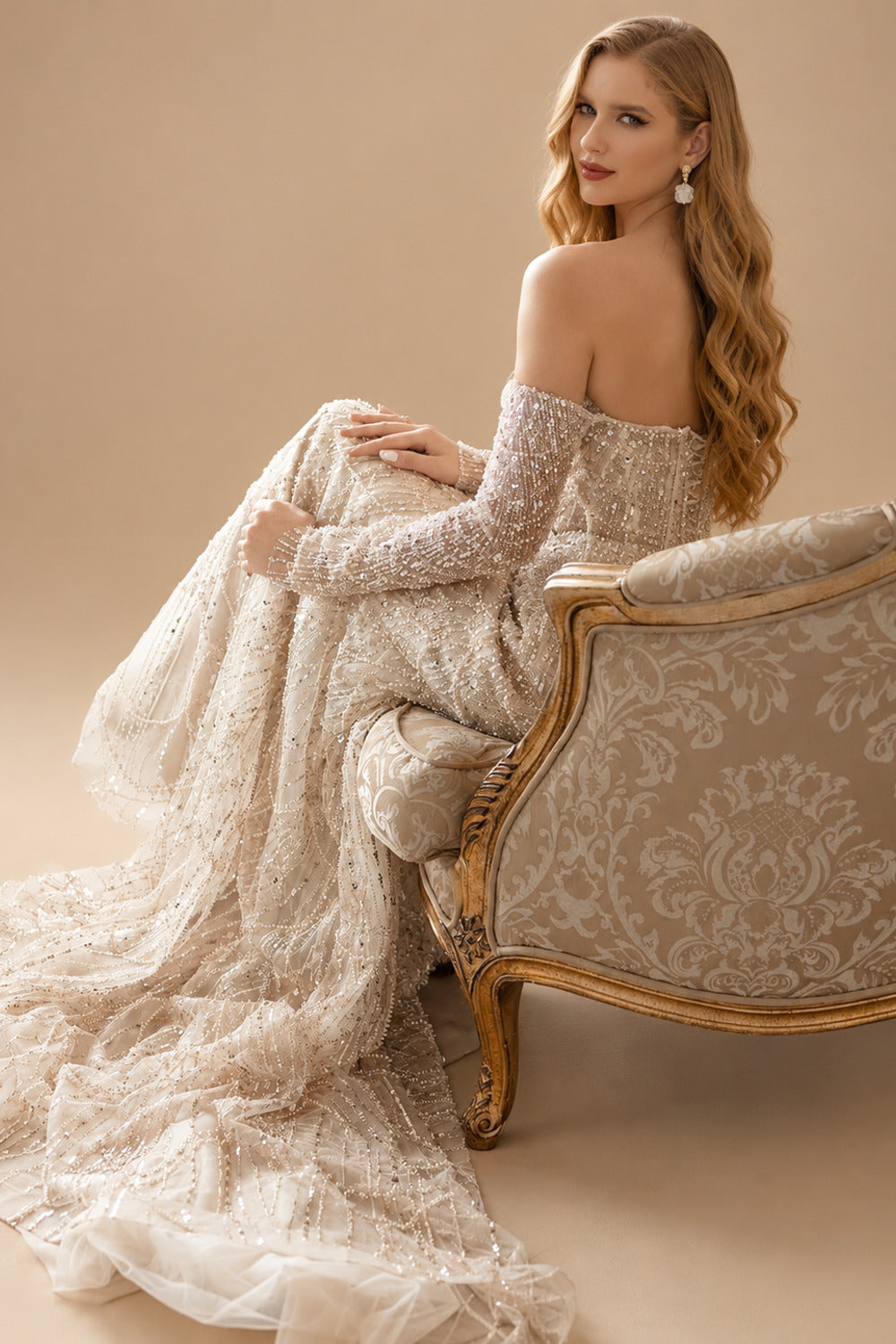 Rutipo As Picture Fitted Glitter Trumpet Beaded Sweetheart Detachable Sleeves Wedding Dresses With Lace Up Back