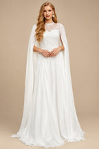 Rutipo White Sweet & Flow A-Line Illusion Lace Scoop Neck Chiffon Wedding Dresses