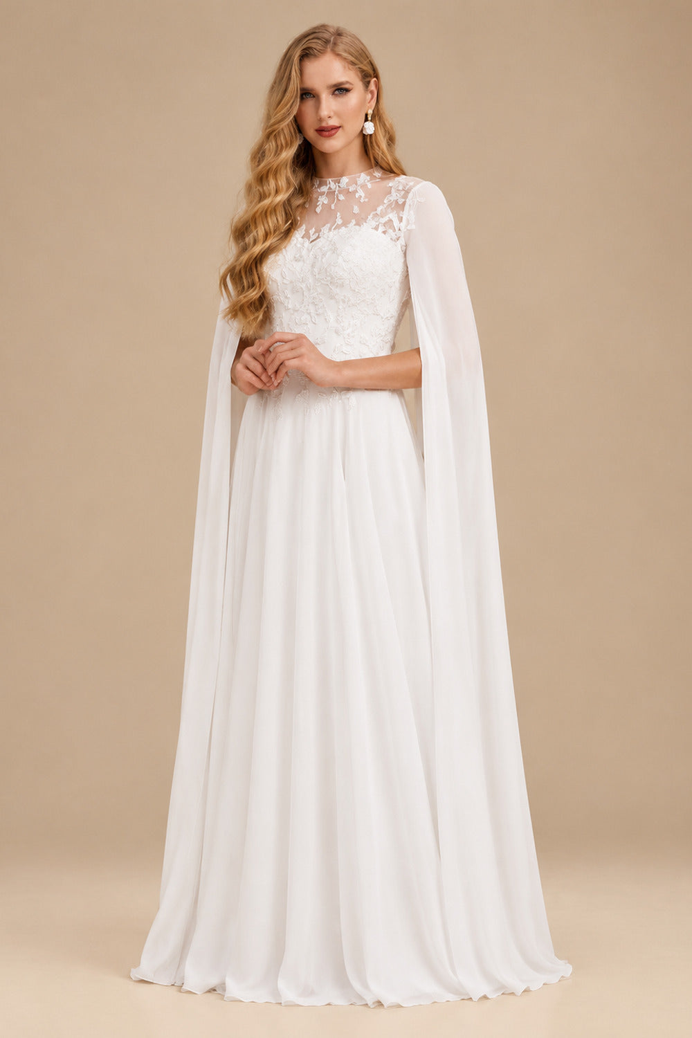 Rutipo White Sweet & Flow A-Line Illusion Lace Scoop Neck Chiffon Wedding Dresses