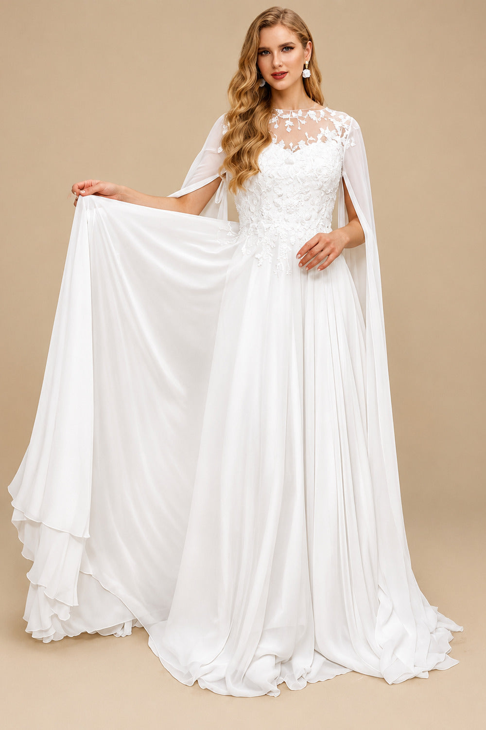 Rutipo White Sweet & Flow A-Line Illusion Lace Scoop Neck Chiffon Wedding Dresses