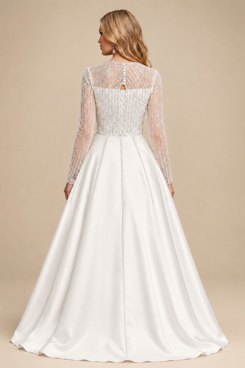 Rutipo Ivory Luxury Sequins Illusion Neck Long Sleeves Overskirt Satin Wedding Dresses