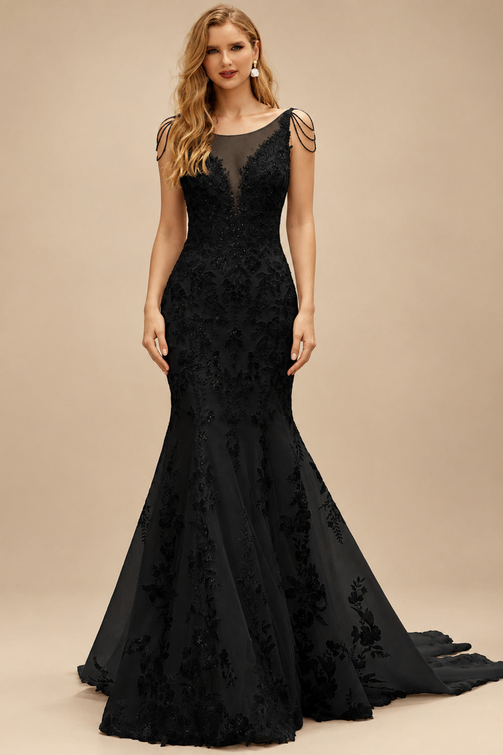 Rutipo Black Flattering Lace Mermaid Illusion Neck Tulle Wedding Dresses With Beading