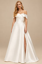 Rutipo Ivory Classy Ball-Gown High Split Off-The-Shoulder Satin Wedding Dresses
