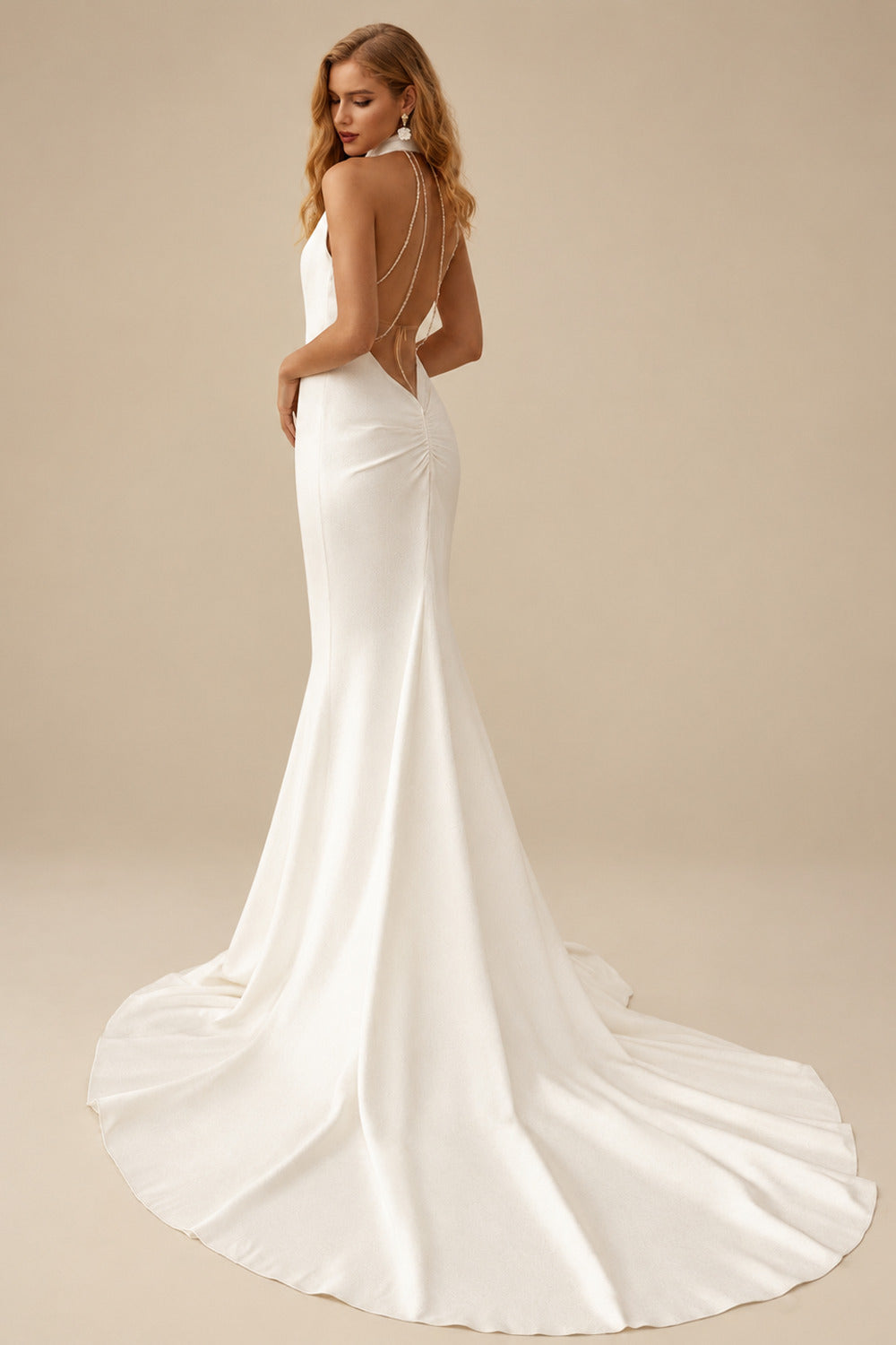 Rutipo Ivory Flattering Trumpet Halter Outcut On The Back Elastic Satin Wedding Dresses