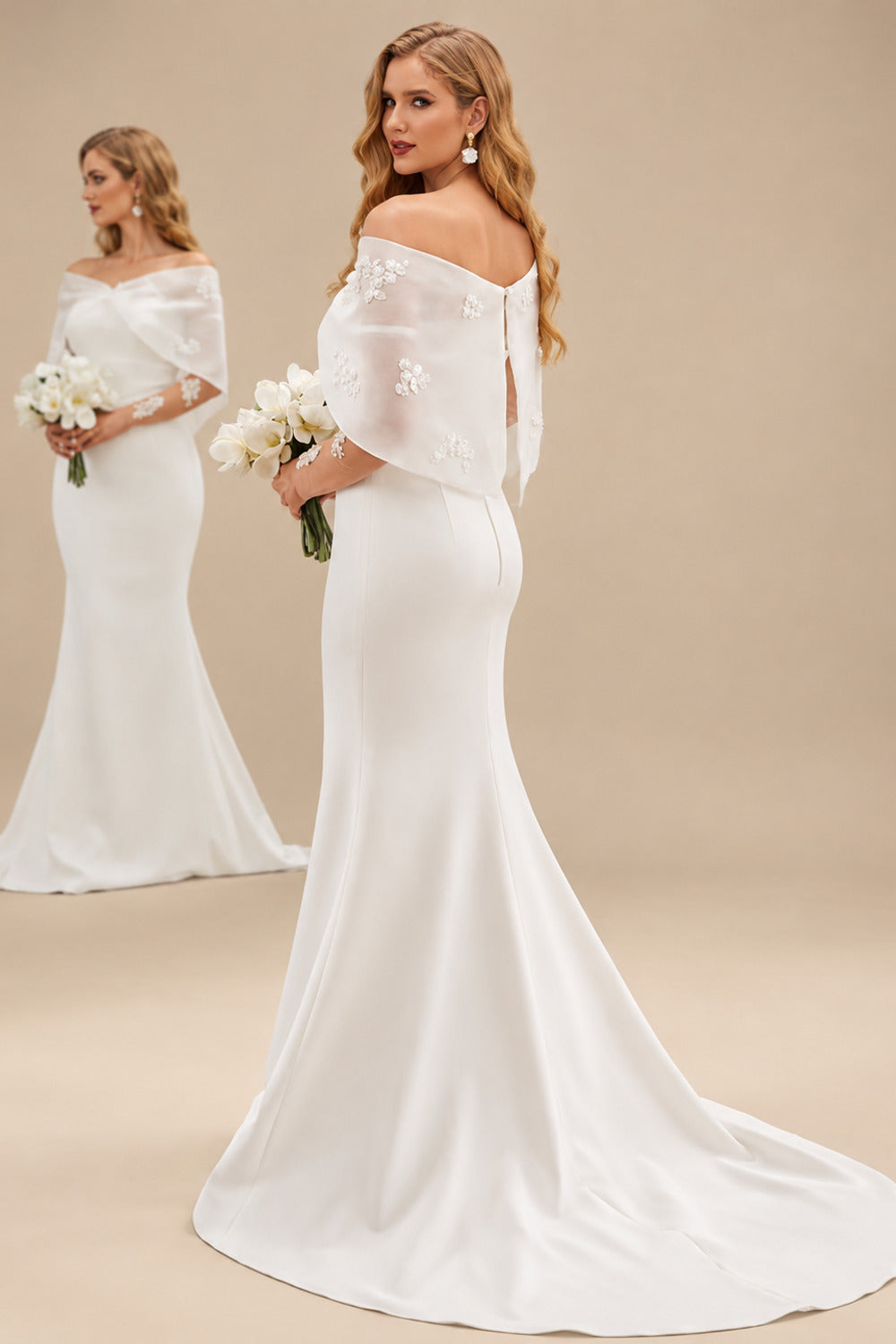 Rutipo Ivory Dreamy Off-The-Shoulder Detachable Sleeves Elastic Satin Wedding Dresses With Lace