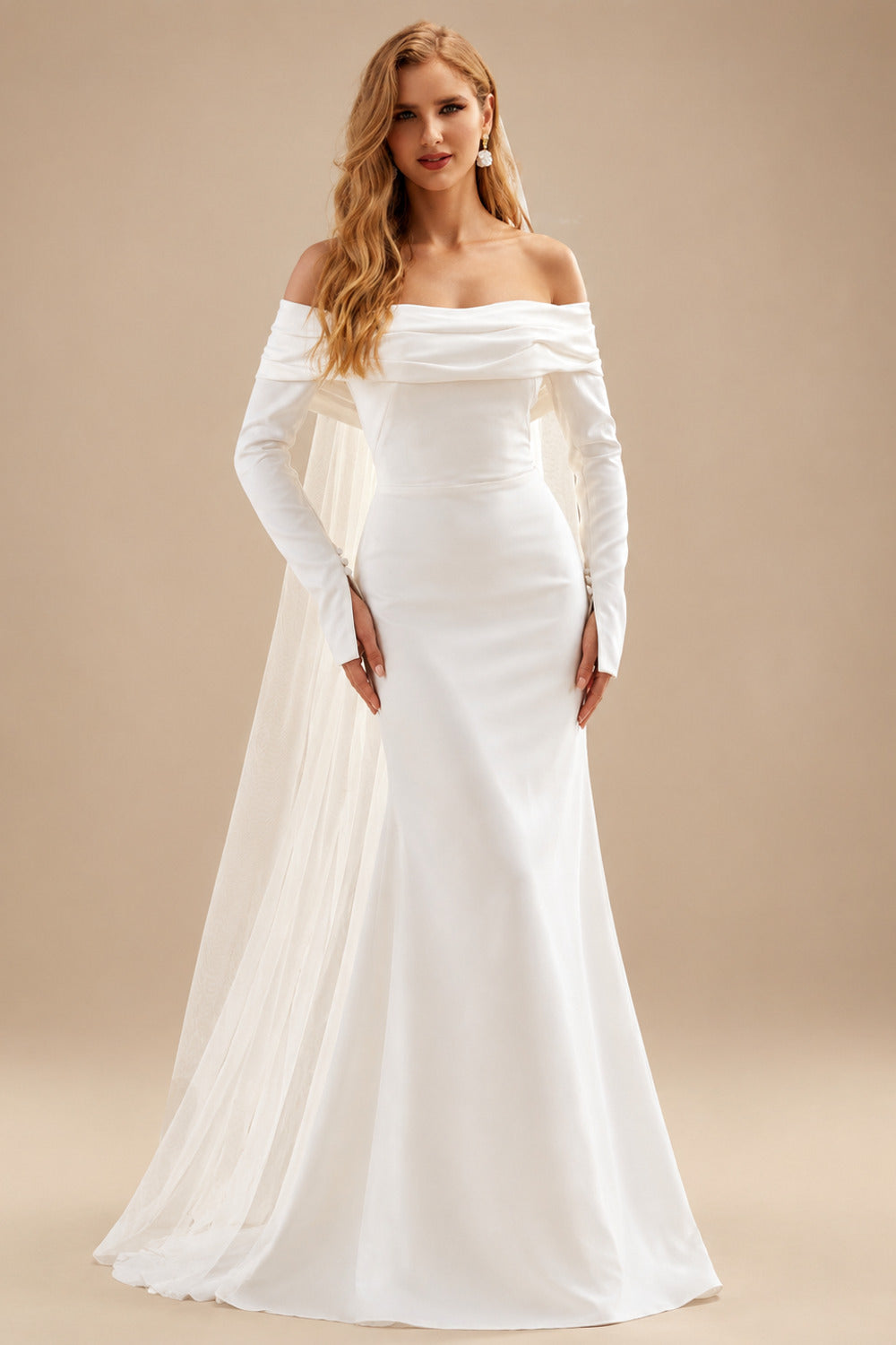 Rutipo Ivory Modest Trumpet Off-The-Shoulder Long Sleeves Wedding Dresses With High Split