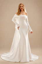 Rutipo Ivory Modest Trumpet Off-The-Shoulder Long Sleeves Wedding Dresses With High Split
