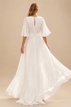 Rutipo Ivory Modest Jumpsuit V-Neck Flutter Sleeve Chiffon Wedding Dresses