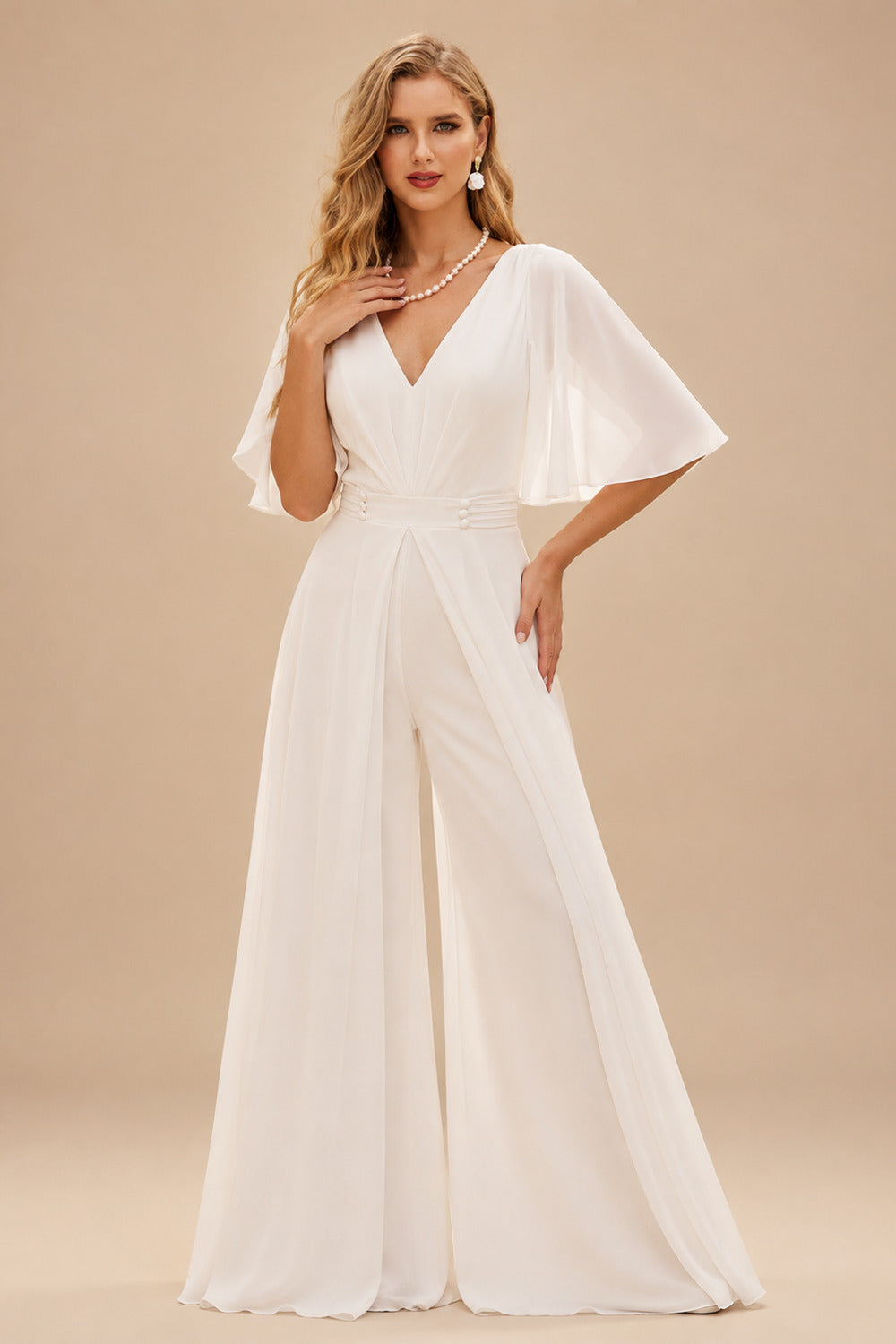 Rutipo Ivory Modest Jumpsuit V-Neck Flutter Sleeve Chiffon Wedding Dresses
