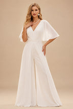 Rutipo Ivory Modest Jumpsuit V-Neck Flutter Sleeve Chiffon Wedding Dresses