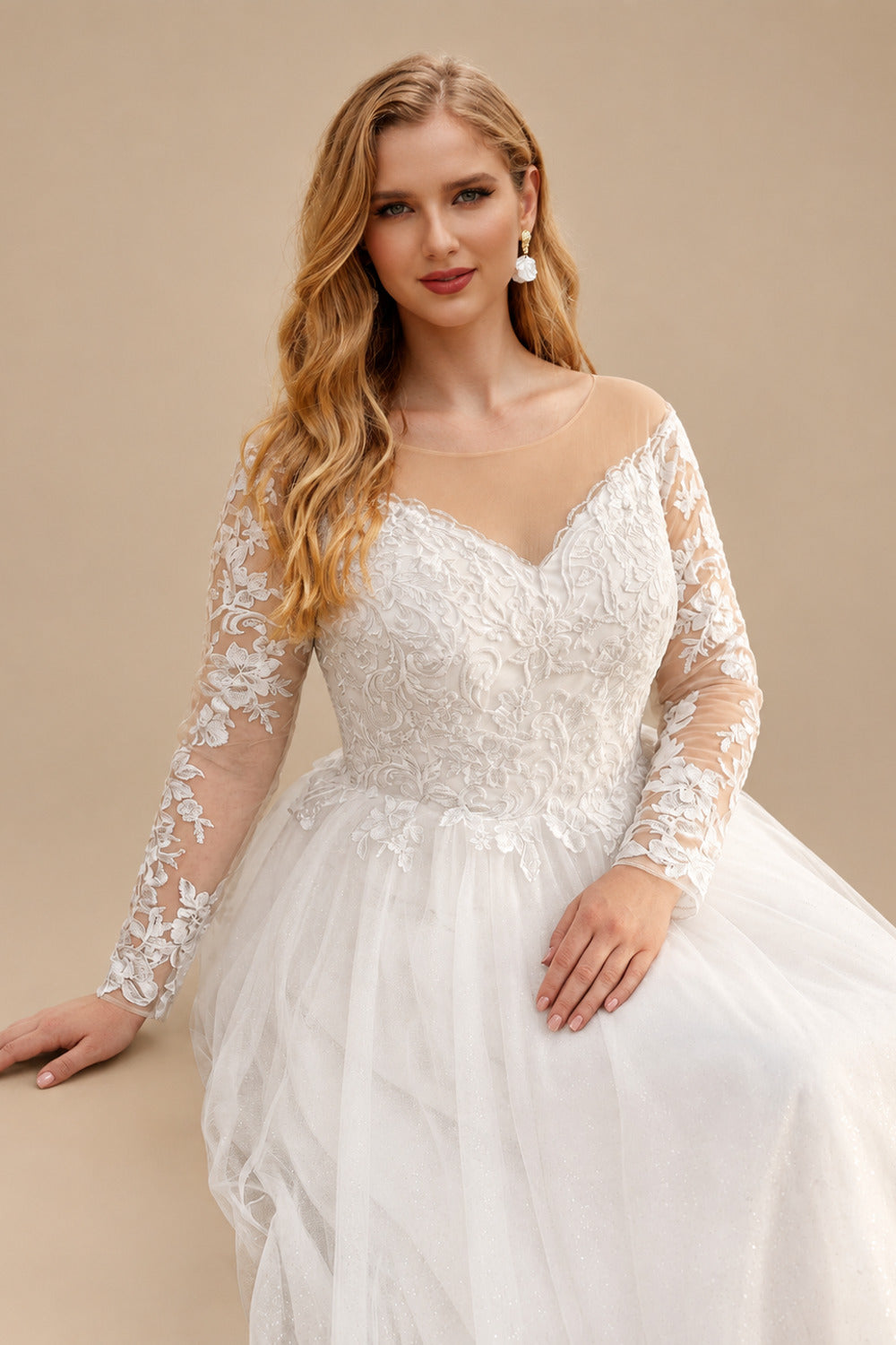 Rutipo Ivory Classy Ball-Gown Illusion Neck Long Sleeves Lace/Tulle Wedding Dresses