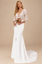 Rutipo Ivory Free-Spirited Plunge Neck Lace Wedding Dresses With Split Front
